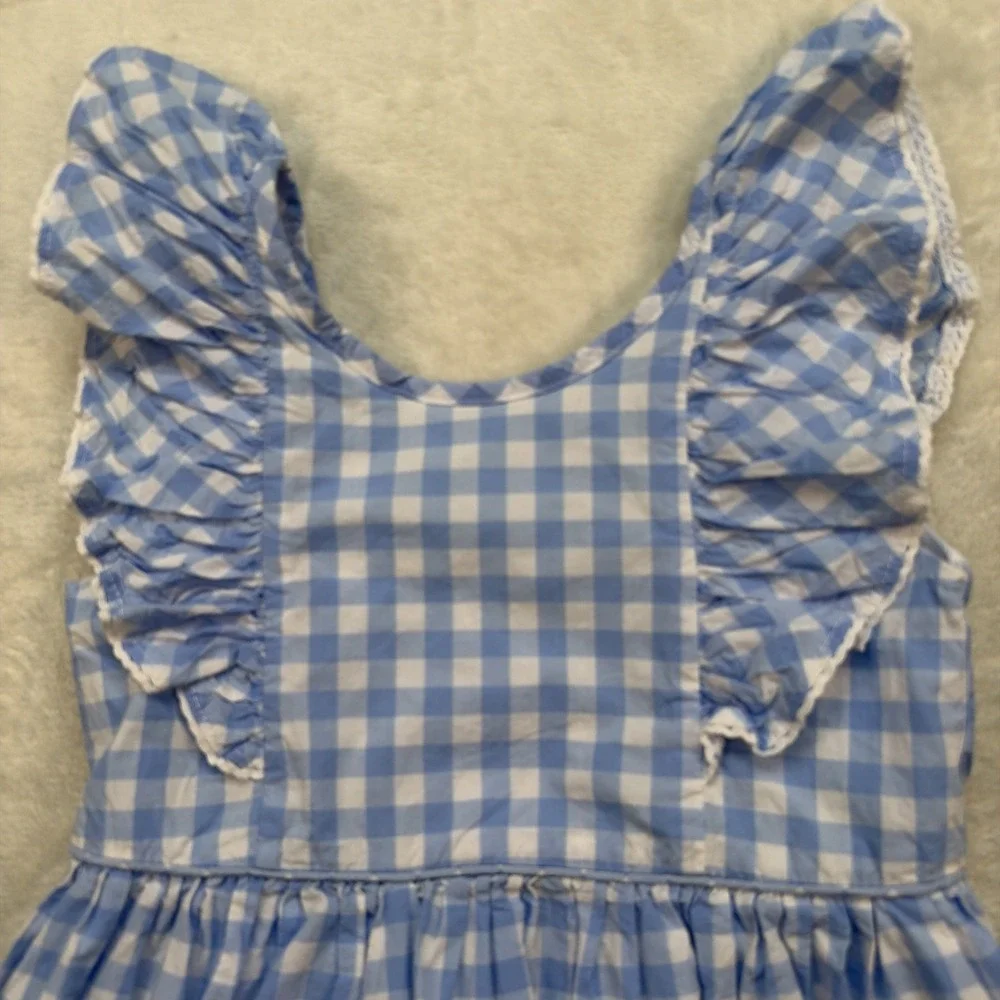 Tommy Bahama Girls Blue Gingham Dress Ruffle Bow Garden Party Picnic Size 7